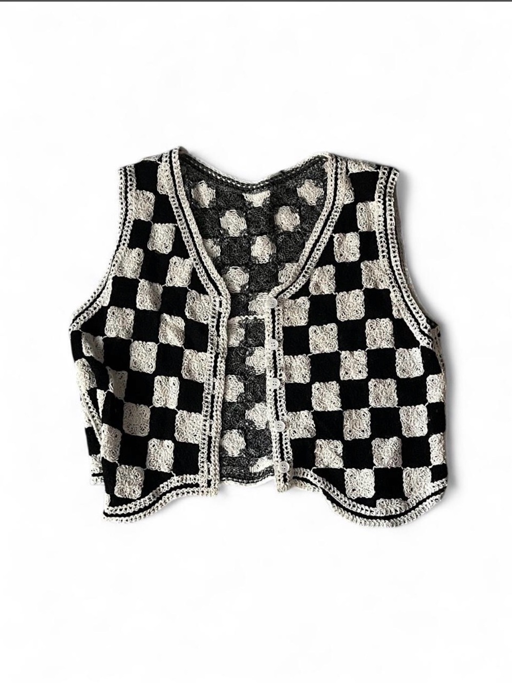 Black & white Crochet Checkered Vest